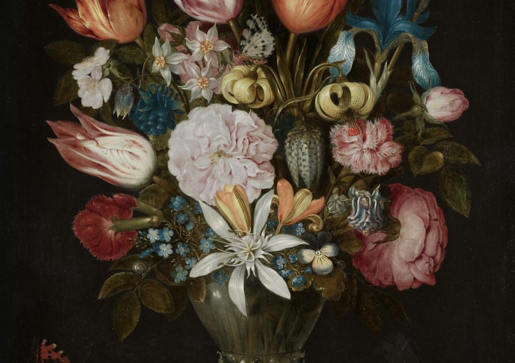 a painting of flowers in a vase on a table
